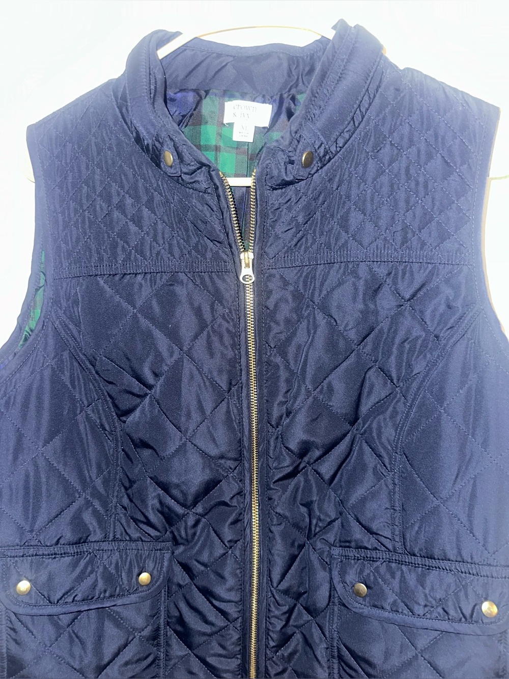 crown & ivy Quilted Navy Sleeveless Vest with Gold-Tone Hardware